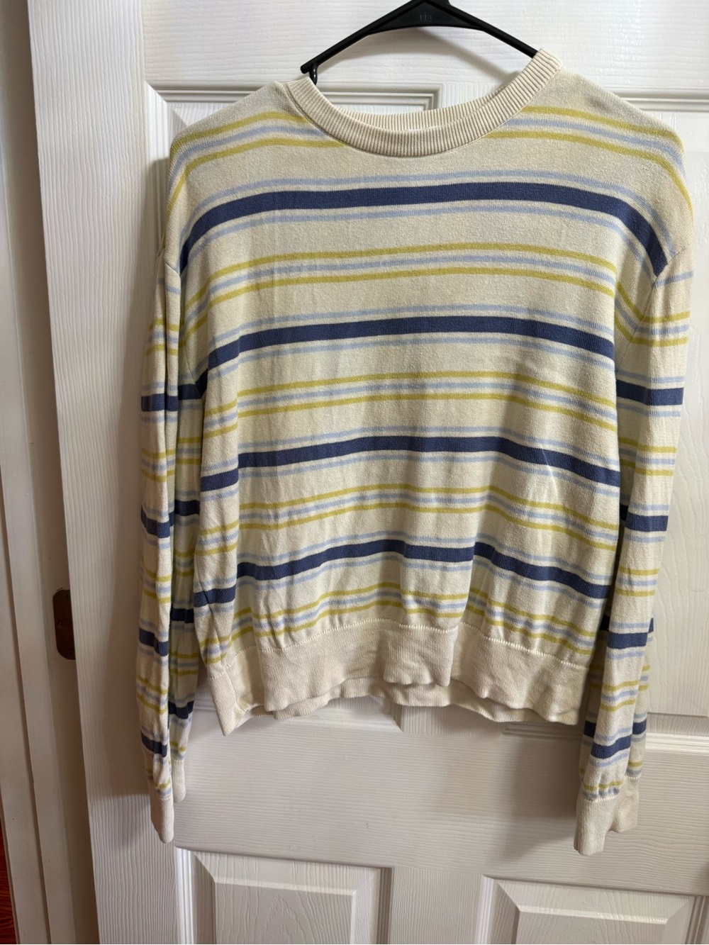 Striped Crewneck Sweater in Cream with Blue & Yellow Stripes